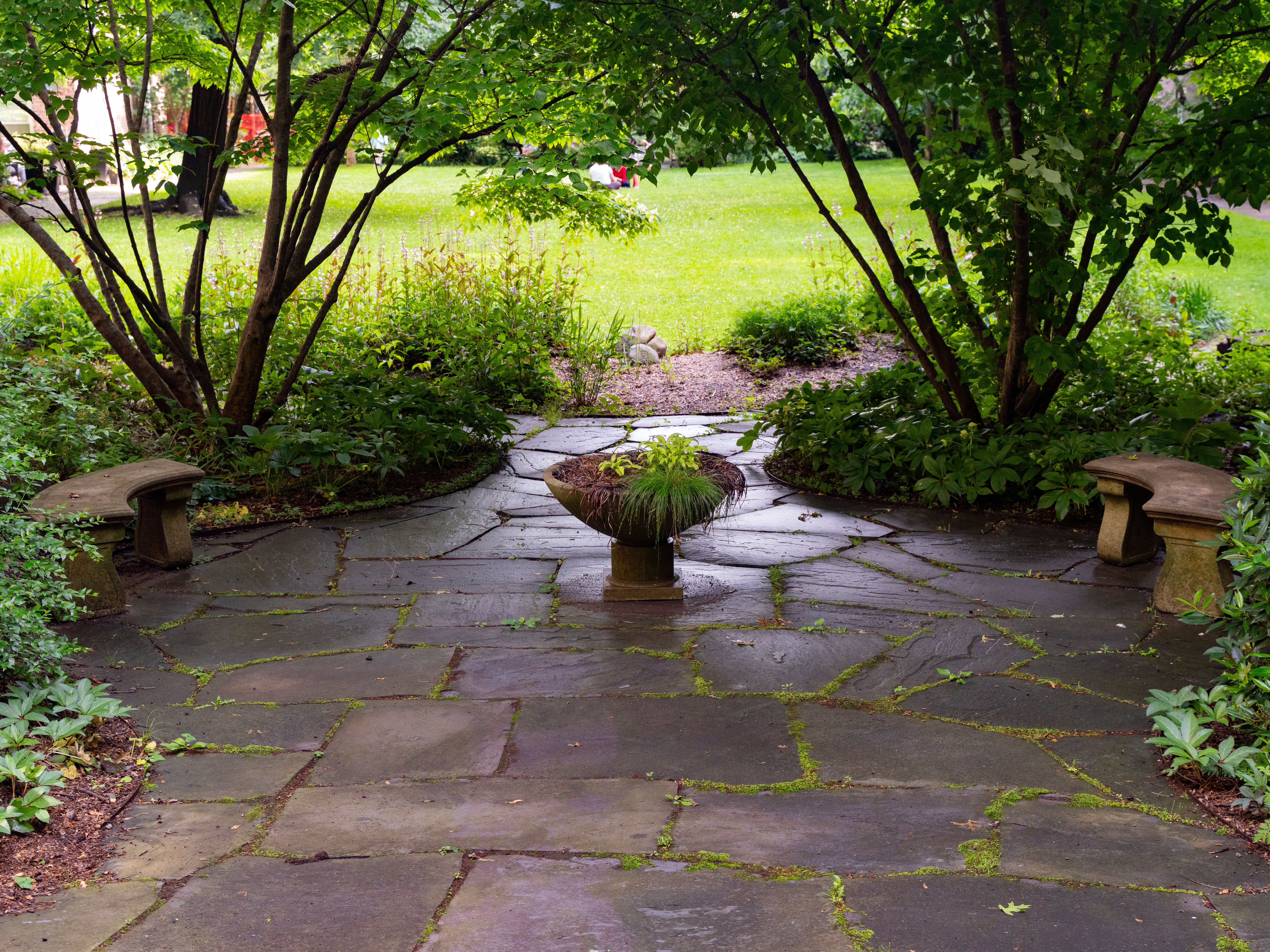 Peaceful stone patio surrounded by greenery with a central plant centerpiece